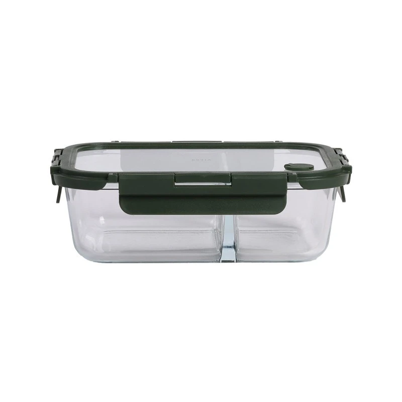 LUNCH BOX GLASS CLICK &amp; SEAL 2 TIERS WITH SILICON AIR-VENT 1460ml OLIVE