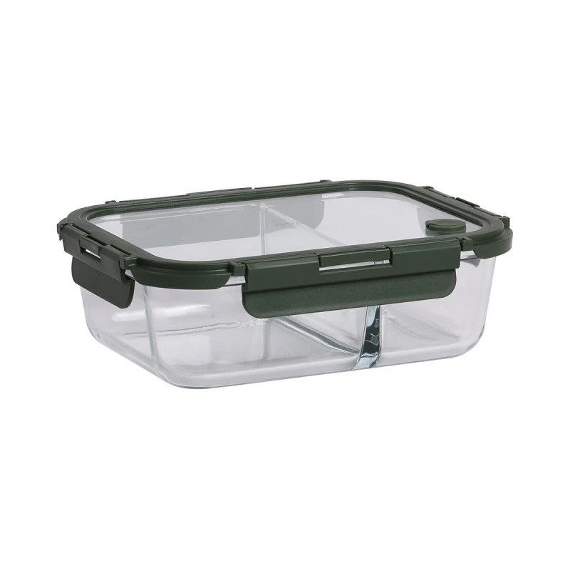 LUNCH BOX GLASS CLICK &amp; SEAL 2 TIERS WITH SILICON AIR-VENT 1460ml OLIVE