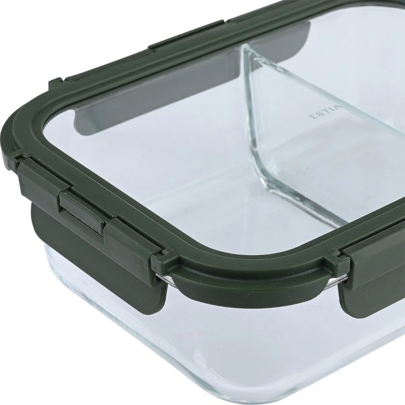 LUNCH BOX GLASS CLICK &amp; SEAL 2 TIERS WITH SILICON AIR-VENT 1460ml OLIVE