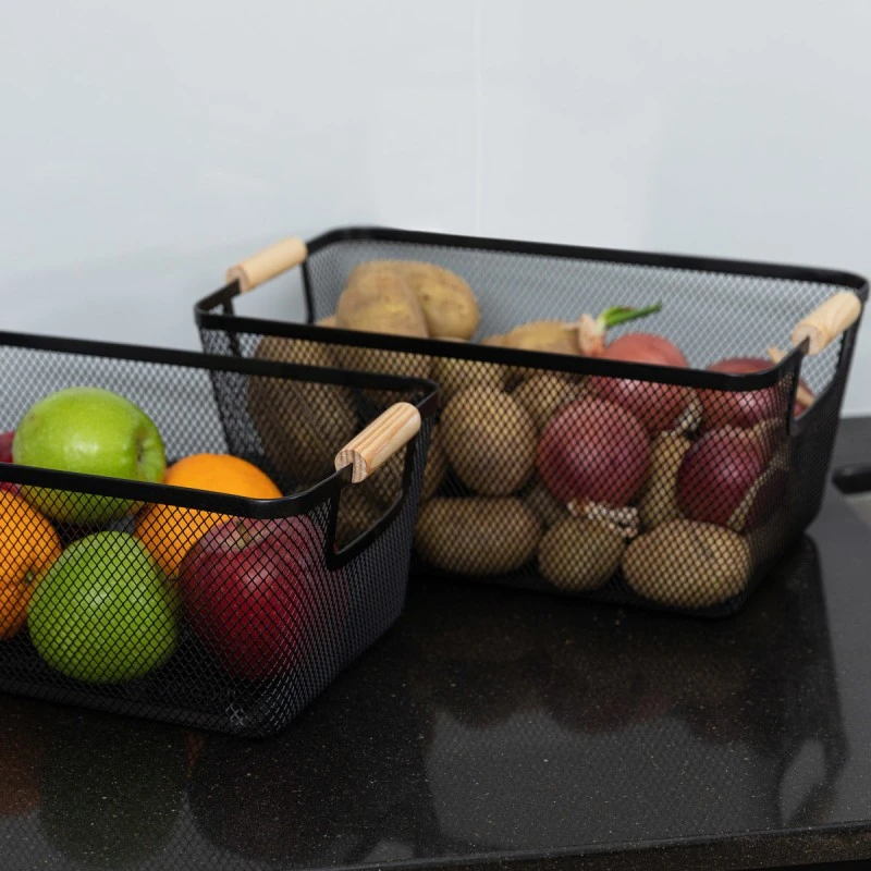STORAGE BASKET METALLIC WITH WOODEN HANDLES 35x23x16cm BLACK