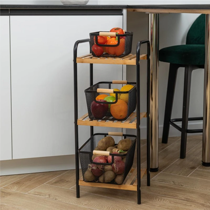 STORAGE BASKET METALLIC WITH WOODEN HANDLES 35x23x16cm BLACK