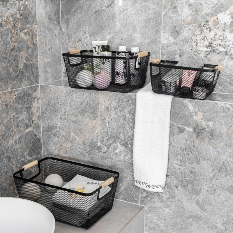 STORAGE BASKET METALLIC WITH WOODEN HANDLES 24x17x11cm BLACK