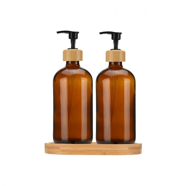 SOAP DISPENSERS BAMBOO ESSENTIALS GLASS 500ml SET 3 PCS. WITH BAMBOO TRAY