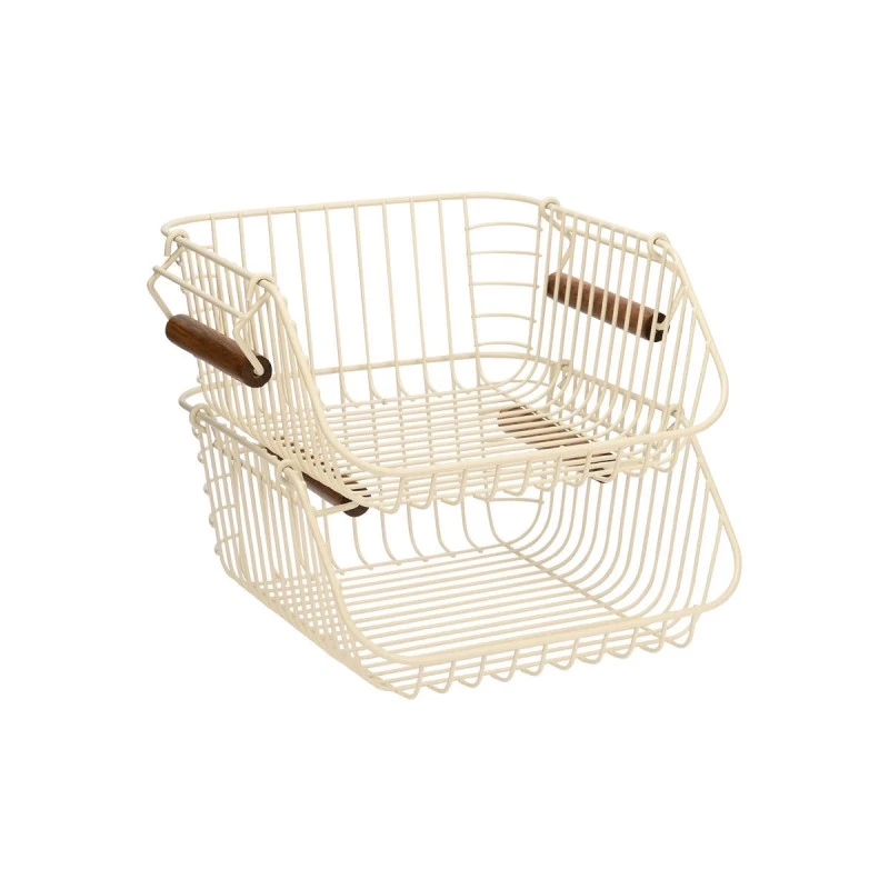 STORAGE BASKET ALLURE METALLIC WITH WOODEN HANDLES 26.5x29.5x16cm STACKABLE IVORY