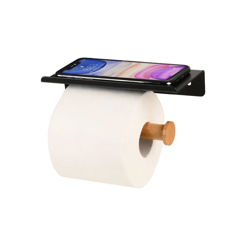 WALL MOUNTED PAPER HOLDER BAMBOO ESSENTIALS WITH SMARTPHONE HOLDER METALLIC BLACK