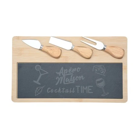 SERVING PLATE SLATE WITH WOODEN BASE &amp; ACCESSORIES 33x19cm
