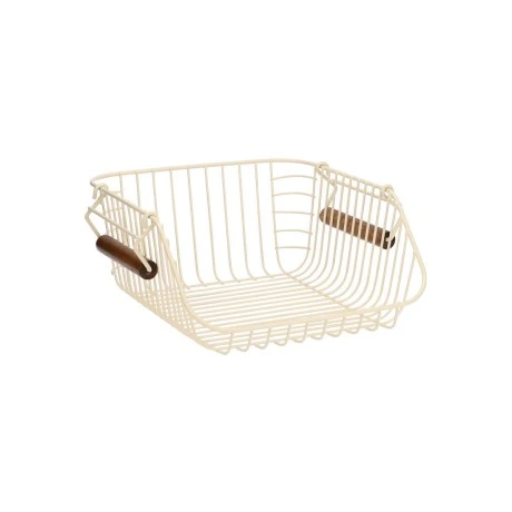 STORAGE BASKET ALLURE METALLIC WITH WOODEN HANDLES 26.5x29.5x16cm STACKABLE IVORY