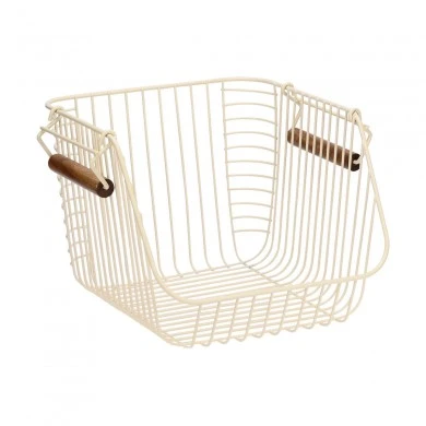 STORAGE BASKET ALLURE METALLIC WITH WOODEN HANDLES 26.5x29.5x21.5cm STACKABLE IVORY