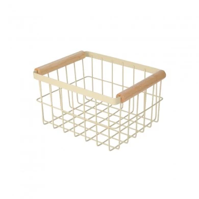 STORAGE BASKET ALLURE METALLIC WITH WOODEN HANDLES 24X18X13 IVORY