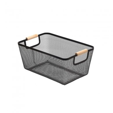 STORAGE BASKET METALLIC WITH WOODEN HANDLES 35x23x16cm BLACK
