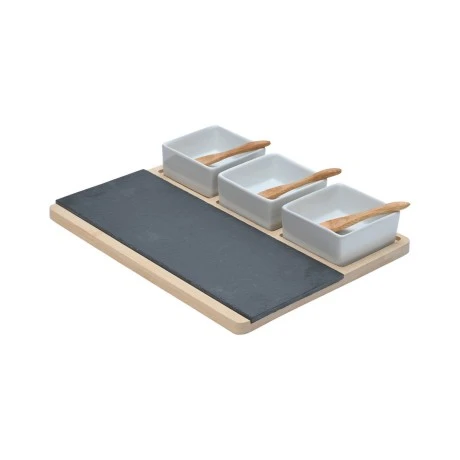 SERVING PLATE SLATE WITH WOODEN BASE &amp; 3 BOWLS WITH SPOON 28x11cm