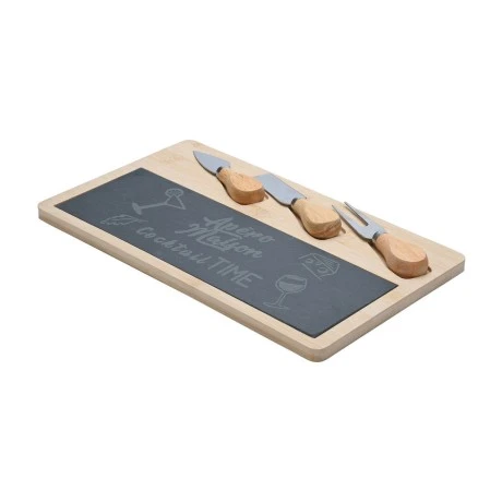 SERVING PLATE SLATE WITH WOODEN BASE &amp; ACCESSORIES 33x19cm