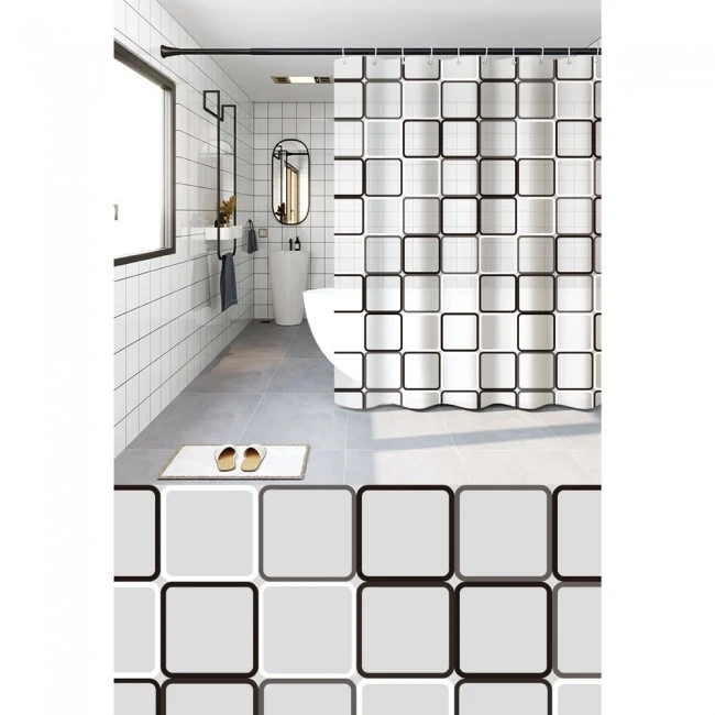 ΚΟΥΡΤΙΝΑ ΜΠΑΝΙΟΥ PEVA 180x180εκ. ΜΕ 12 ΚΡΙΚΟΥΣ ΚΑΙ ΣΧΕΔΙΟ ΓΕΩΜΕΤΡΙΚΑ ΤΕΤΡΑΓΩΝΑ ANKOR