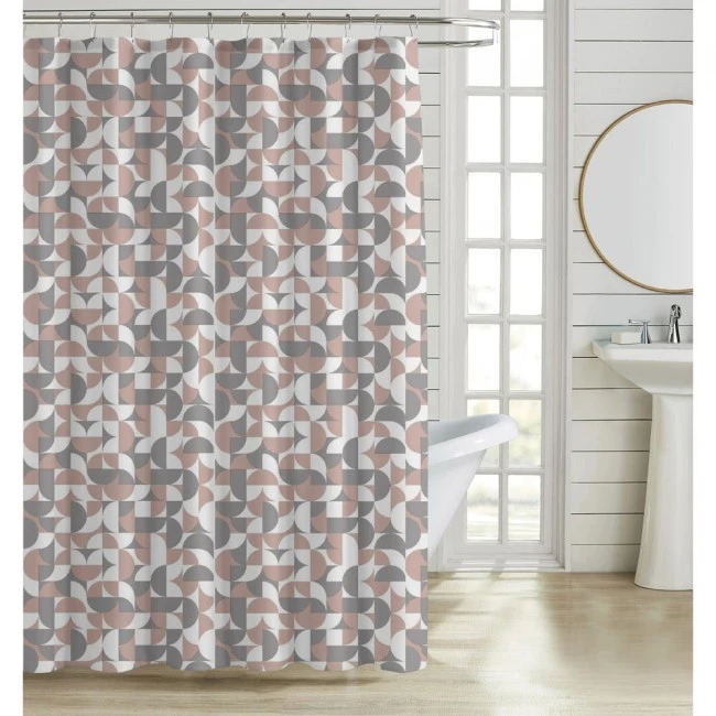 ΚΟΥΡΤΙΝΑ ΜΠΑΝΙΟΥ ΠΟΛΥΕΣΤΕΡΙΚΗ 180x180εκ 90gsm ΜΕ 12 ΚΡΙΚΟΥΣ ΓΕΩΜΕΤΡΙΚΟ ΜΟΤΙΒΟ ΡΟΖ ΚΑΙ ΓΚΡΙ ΧΡΩΜΑ ANKOR