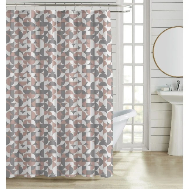 ΚΟΥΡΤΙΝΑ ΜΠΑΝΙΟΥ ΠΟΛΥΕΣΤΕΡΙΚΗ 180x200εκ 90gsm ΜΕ 12 ΚΡΙΚΟΥΣ ΓΕΩΜΕΤΡΙΚΟ ΜΟΤΙΒΟ ΡΟΖ ΚΑΙ ΓΚΡΙ ΧΡΩΜΑ ANKOR