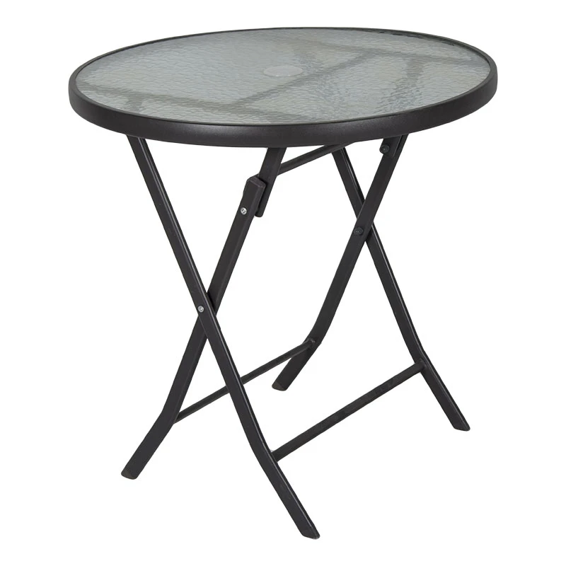 Metal garden table folding in brown color with safety glass Ø70x72cm