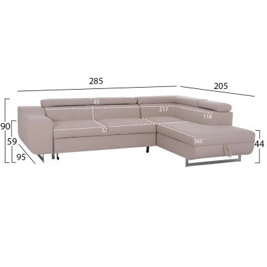 ΓΩΝΙΑΚΟΣ ΚΑΝΑΠΕΣ-ΚΡΕΒΑΤΙ ΜΕ ΑΠΟΘ.ΧΩΡΟ ENCORE HM3301.03R ΜΠΕΖ ΥΦΑΣΜΑ 285x205x90Υεκ.