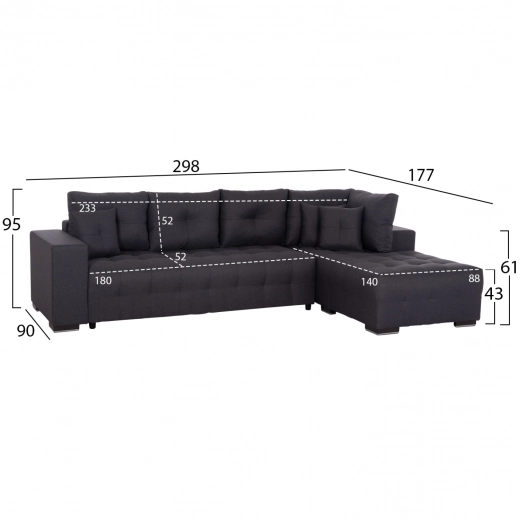 ΓΩΝΙΑΚΟΣ ΚΑΝΑΠΕΣ-ΚΡΕΒΑΤΙ ΜΕ ΑΠΟΘ.ΧΩΡΟ TRENDSTON HM3302.01R ΓΚΡΙ ΥΦΑΣΜΑ 298x177x95Υεκ