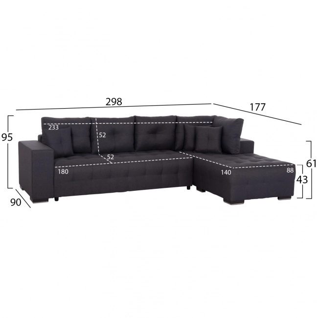 ΓΩΝΙΑΚΟΣ ΚΑΝΑΠΕΣ-ΚΡΕΒΑΤΙ ΜΕ ΑΠΟΘ.ΧΩΡΟ TRENDSTON HM3302.01R ΓΚΡΙ ΥΦΑΣΜΑ 298x177x95Υεκ