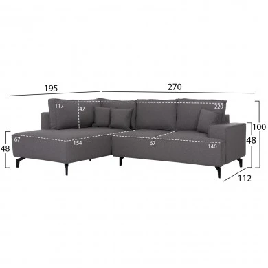 ΓΩΝΙΑΚΟΣ ΚΑΝΑΠΕΣ-ΚΡΕΒΑΤΙ ΜΕ ΑΠΟΘ.ΧΩΡΟ SAFFIRA HM3303.01L ΓΚΡΙ ΥΦΑΣΜΑ 270x195x100Υεκ.