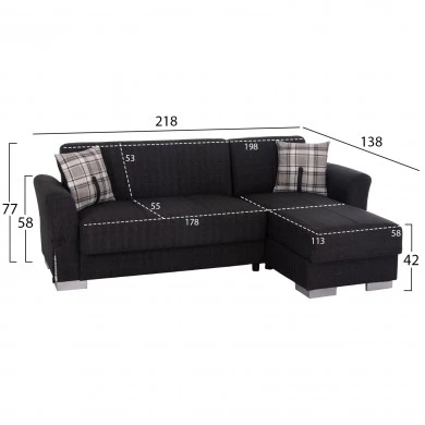 ΓΩΝΙΑΚΟΣ ΚΑΝΑΠΕΣ-ΚΡΕΒΑΤΙ ΜΕ ΑΠΟΘ. ΧΩΡΟ BRONKO HM3291.01 ΑΝΘΡΑΚΙ ΥΦΑΣΜΑ 218x138x77Y