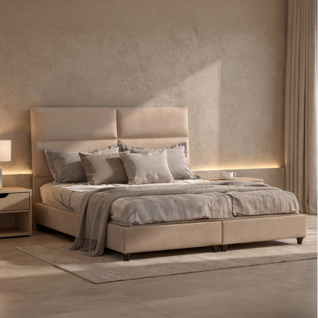 ΚΡΕΒΑΤΙ ΥΠΕΡΔΙΠΛΟ MILO ΑΠΟ ΣΚΟΥΡΟ ΜΠΕΖ ΥΦΑΣΜΑ HM628.22 ΓΙΑ ΣΤΡΩΜΑ 180x200 εκ.