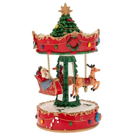 XMAS RED COLOUR RESIN WINDING CAROUSEL WITH 3 FIGURES, MUSIC AND MOVEMENT 15X15X23,5CM