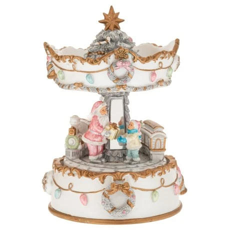 XMAS WHITE  GOLD RESIN WINDING CAROUSEL WITH HORSES, MUSIC AND MOVEMENT 11,5X11,5X17CM