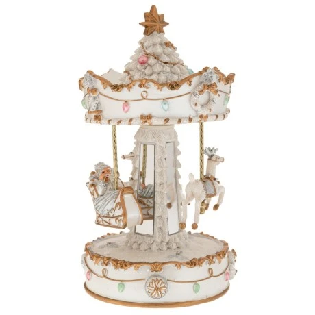 XMAS WHITE- GOLD RESIN WINDING CAROUSEL WITH HORSES, MUSIC AND MOVEMENT 14X14X25CM