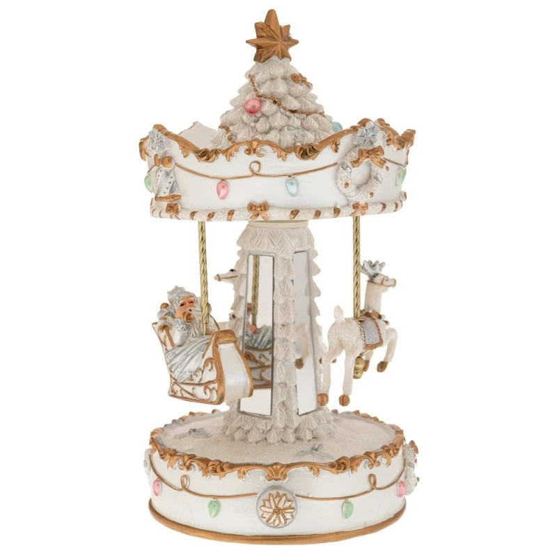XMAS WHITE  GOLD RESIN WINDING CAROUSEL WITH HORSES, MUSIC AND MOVEMENT 12,5X12,5X23,5CM
