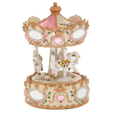 XMAS WHITE  GOLD RESIN WINDING CAROUSEL WITH HORSES, MUSIC AND MOVEMENT 11,5X11,5X16CM
