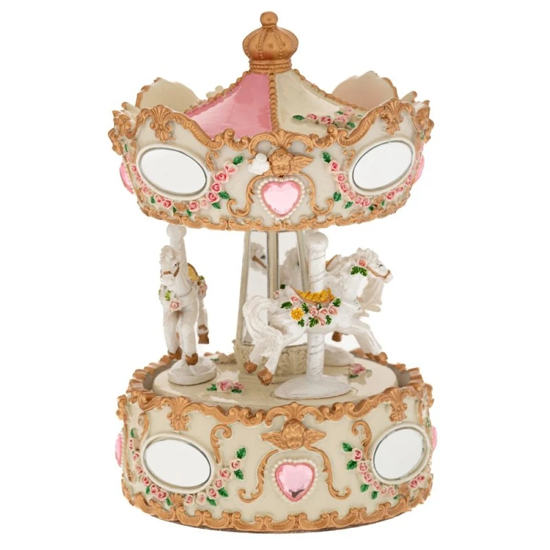 XMAS WHITE  GOLD RESIN WINDING CAROUSEL WITH HORSES, MUSIC AND MOVEMENT 11,5X11,5X16CM