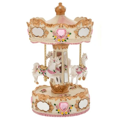 XMAS WHITE  GOLD RESIN WINDING CAROUSEL WITH HORSES, MUSIC AND MOVEMENT 14X14X25CM