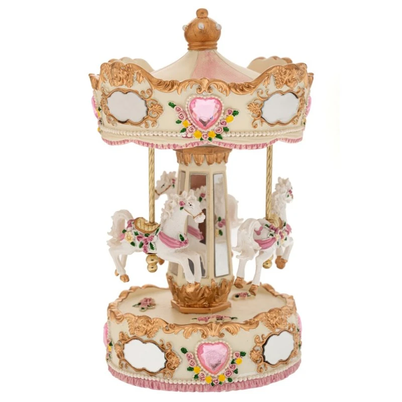 XMAS WHITE  GOLD RESIN WINDING CAROUSEL WITH HORSES, MUSIC AND MOVEMENT 12,5X12,5X23,5CM