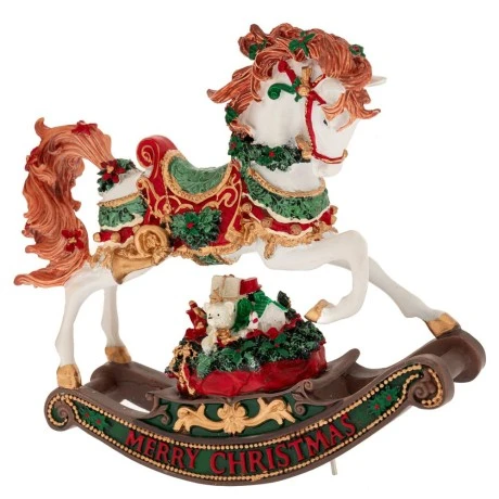 XMAS WHITE COLOUR RESIN WINDING ROCKING HORSE WITH GIFTS AND MUSIC 22X7,5X21,5CM