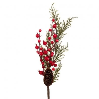 ARTIFICIAL GREEN BRANCH WITH RED BERRIES AND PINE CONES 55CM