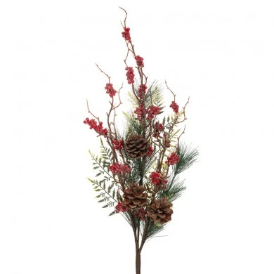 ARTIFICIAL GREEN BRANCH WITH RED BERRIES AND PINE CONES 40CM