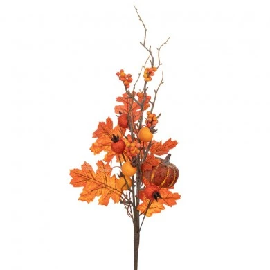 ARTIFICIAL AUTUMN BRANCH WITH ORANGE BERRIES AND LEAVES 65CM