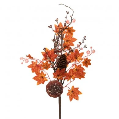 ARTIFICIAL AUTUMN BRANCH WITH ORANGE LEAVES AND PINE CONES 40CM