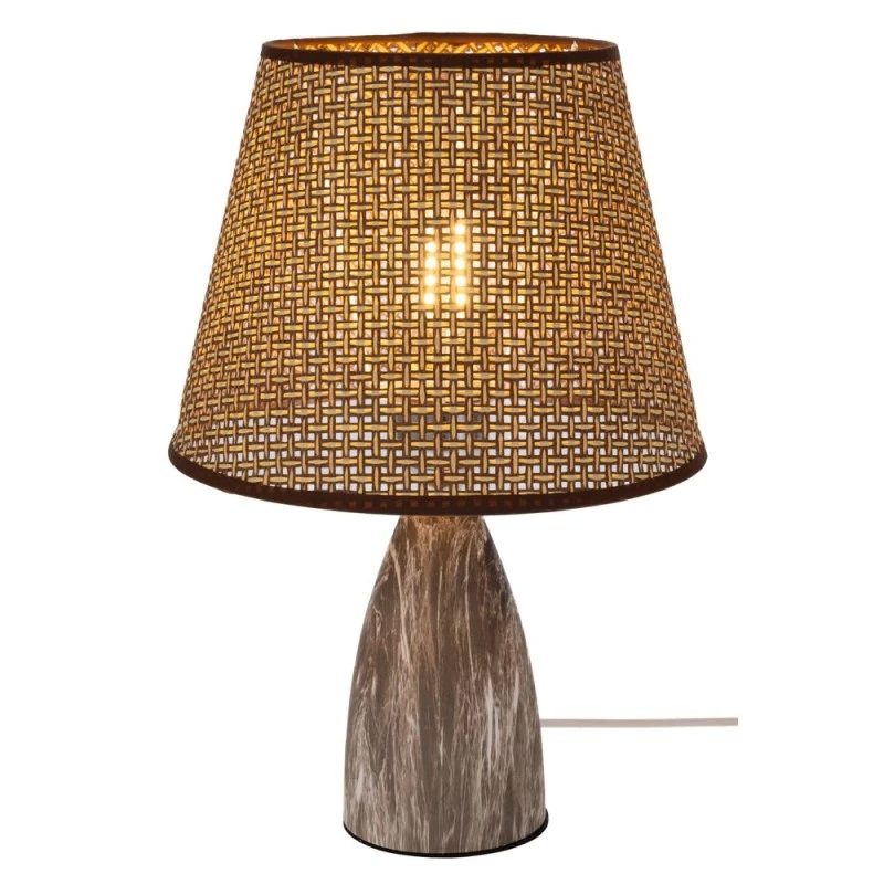 BROWN METAL LAMP WITH MARBLE EFFECT AND BEIGE AND WICKER HAT 36CM