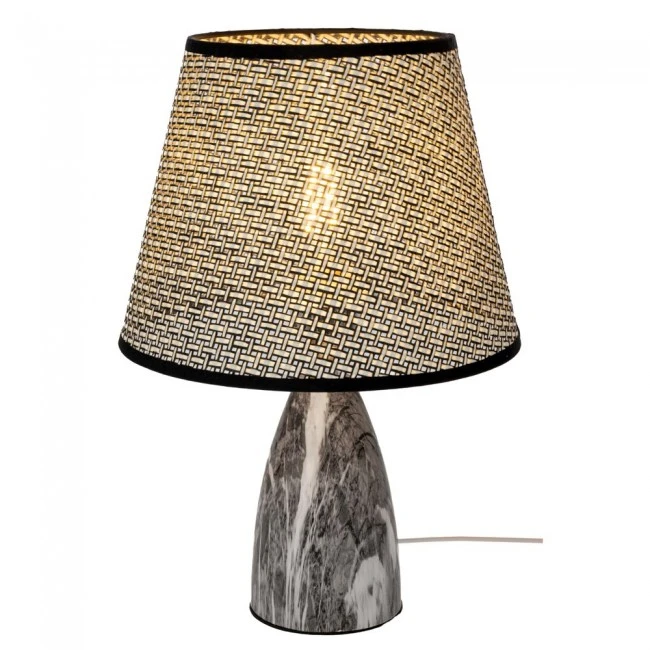 GREY METAL LAMP WITH MARBLE EFFECT AND GREY WICKER HAT 36CM