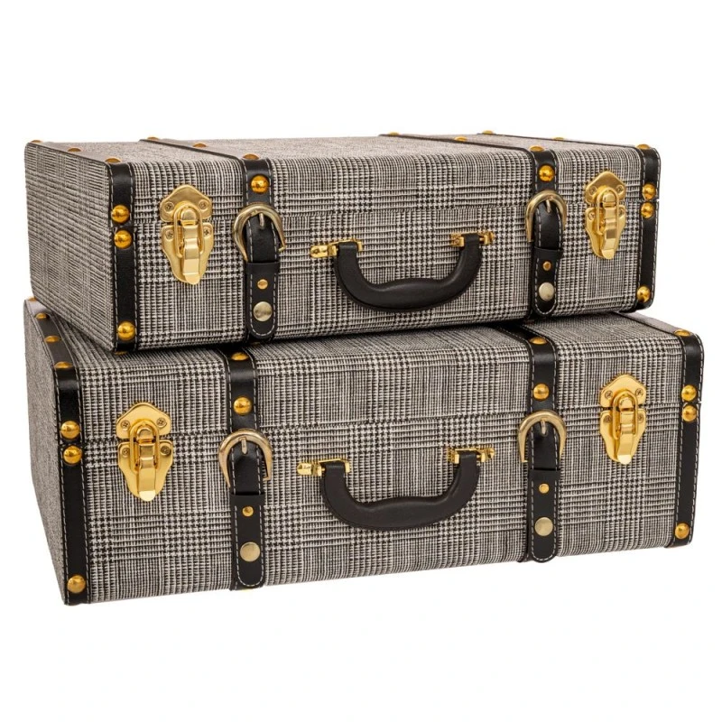 SET 2 BLACK AND WHITE CHECERED LUGGAGE WITH GOLD DETAILS 50X17X34CM 46X14X28CM