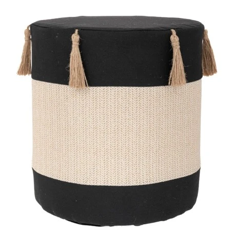 BLACK CRΘME FABRIC STOOL WITH TASSELS D34X37CM