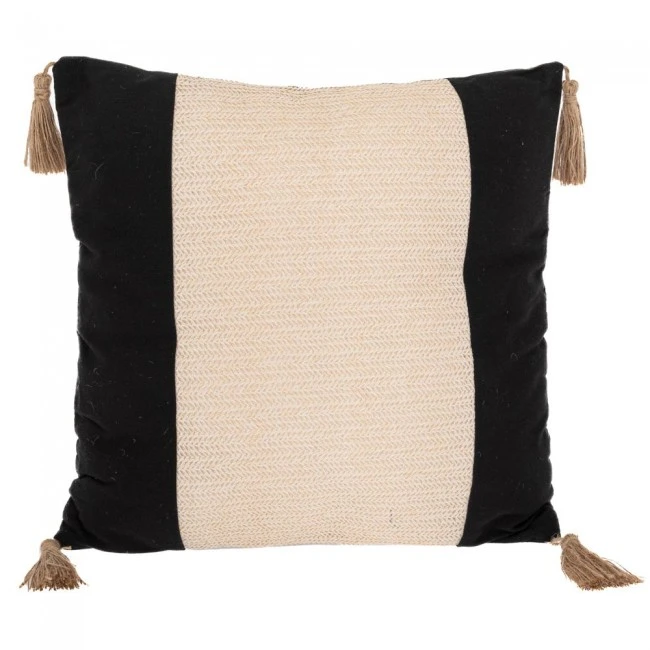 BLACK CRΘME FABRIC PILLOW WITH TASSELS  43X43CM