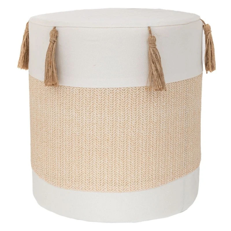 WHITE CRΘME FABRIC STOOL WITH TASSELS D34X37CM