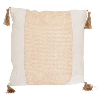 WHITE CRΘME FABRIC PILLOW WITH TASSELS 43X43CM