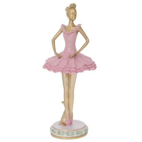 GOLD POLYRESIN BALARINA WITH PINK DRESS 15X15X37CM