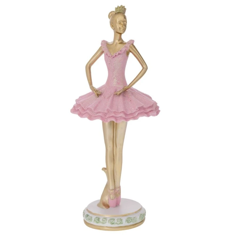 GOLD POLYRESIN BALARINA WITH PINK DRESS 15X15X37CM