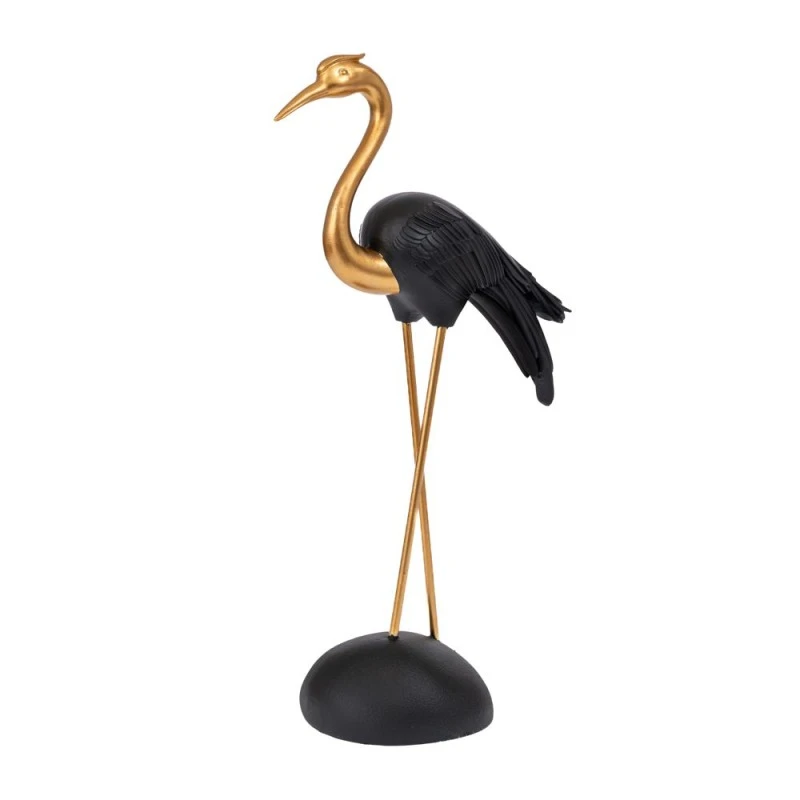 GOLD POLYRESIN HERON WITH BLACK WINGS 18X9,5X38CM