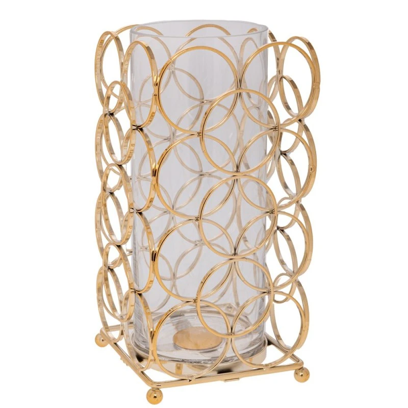 GOLD METAL CANDLESTICK WITH HOOPS AND TRANSPARENT GLASS 13X13X25CM
